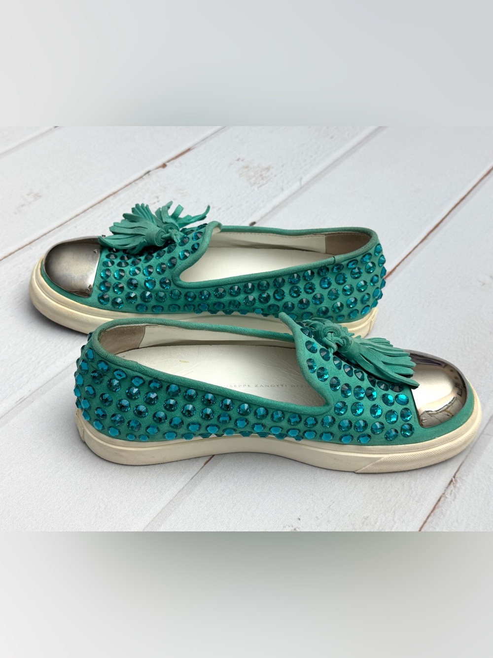 Giuseppe Zanotti Crystal Tassel Loafers Turquoise Suede Size EU 38 (US 8) Italy - Picture 3 of 12